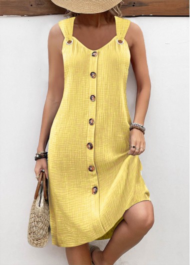 ROTITA Breathable Light Yellow A Line V Neck Sleeveless Dress