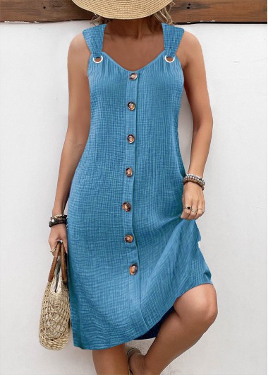 ROTITA Breathable Dusty Blue A Line V Neck Sleeveless Dress