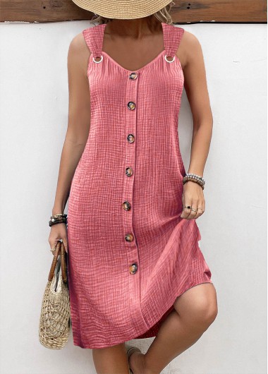 ROTITA Breathable Light Pink A Line V Neck Sleeveless Dress
