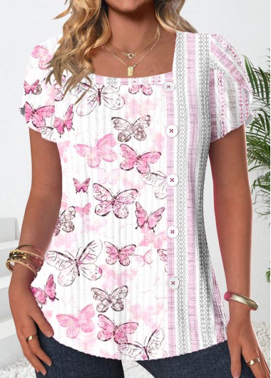 ROTITA Button Butterfly Print White Square Neck T Shirt