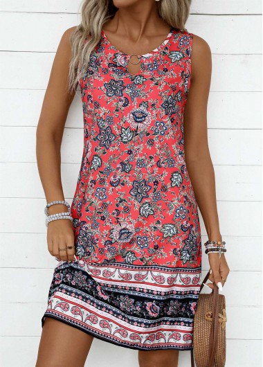 ROTITA Circular Ring Tribal Print Coral Round Neck Sleeveless Dress