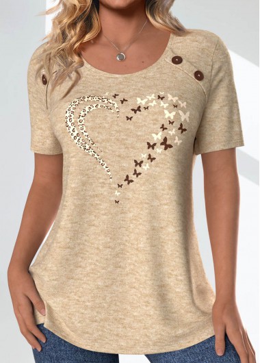 ROTITA Button Butterfly Print Light Camel Round Neck T Shirt
