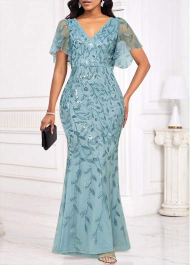ROTITA Sequin Light Blue V Neck Bodycon Maxi Dress