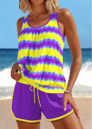 ROTITA Patchwork Purple Wave Pattern Print Tankini Set