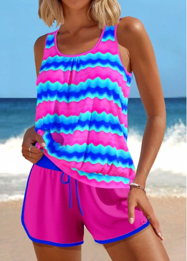 ROTITA Patchwork Hot Pink Wave Pattern Print Tankini Set