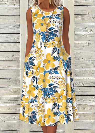 ROTITA Breathable Floral Print White A Line Round Neck Dress