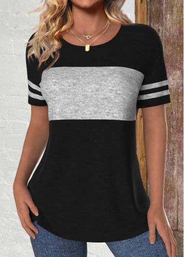 ROTITA Patchwork Black Round Neck Short Sleeve T Shirt