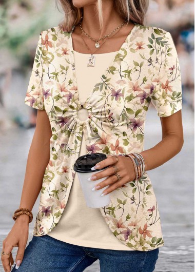 ROTITA Floral Print Light Camel T Shirt