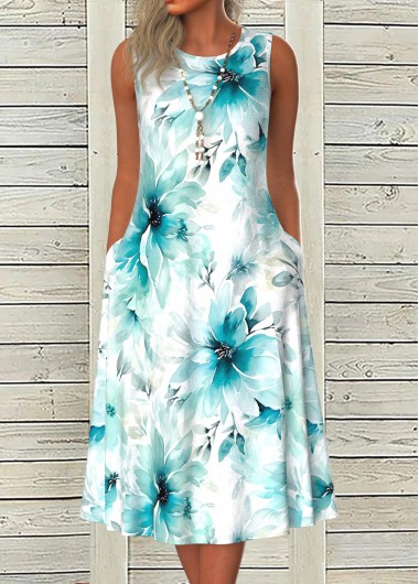 ROTITA Pocket Floral Print Blue A Line Round Neck Dress