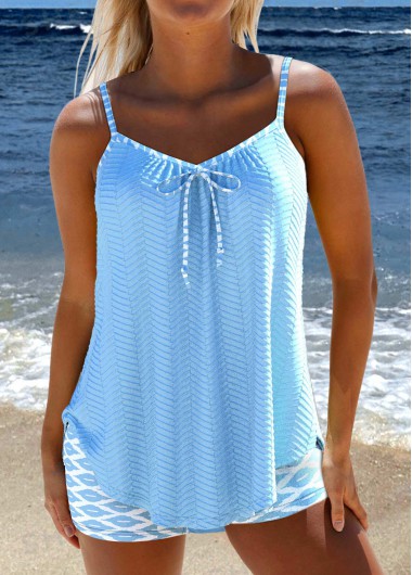 ROTITA Bowknot Light Blue Geometric Print Tankini Set