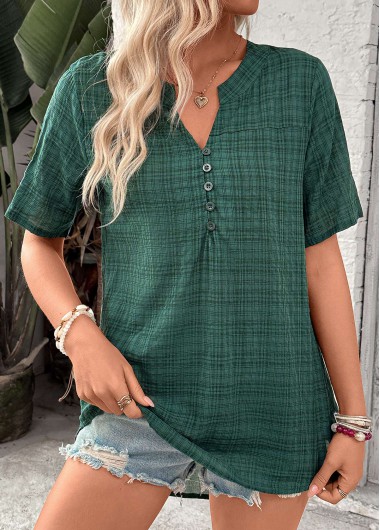 ROTITA Button Plaid Blackish Green Split Neck Short Sleeve Shirt