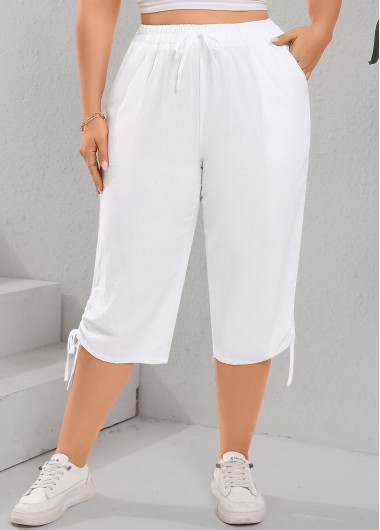 Drawstring White Regular Elastic Waist High Waisted Pants