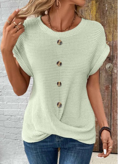 ROTITA Patchwork Skin Color Round Neck Short Sleeve T Shirt