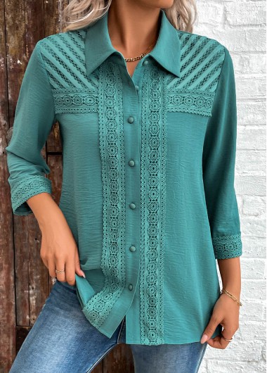 ROTITA Patchwork Turquoise Button 3/4 Sleeve Shirt