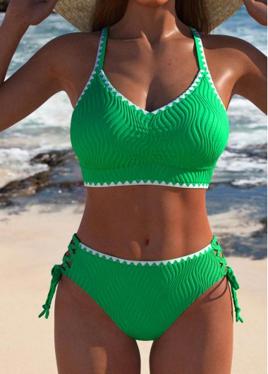 ROTITA Contrast Binding Lace Up Green Bikini Set
