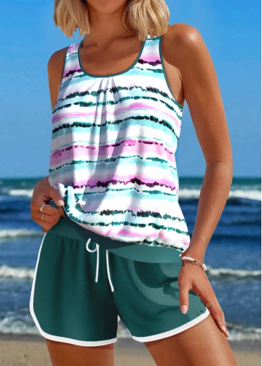 ROTITA Contrast Binding Multi Color Tie Dye Print Tankini Set