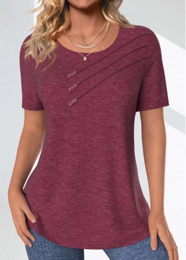 ROTITA Button Dark Reddish Purple Round Neck T Shirt