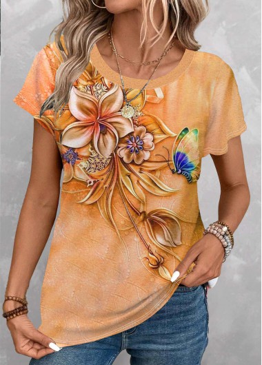 ROTITA Patchwork Floral Print Orange Round Neck T Shirt