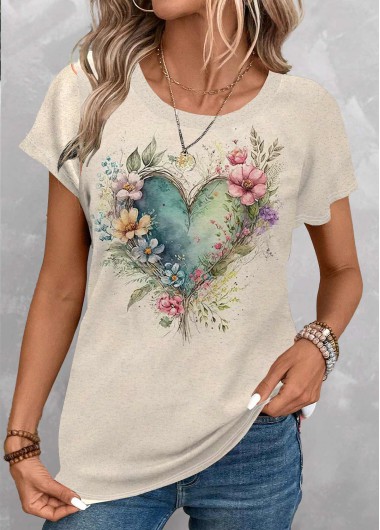 ROTITA Floral Print Light Camel Round Neck T Shirt