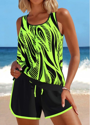 ROTITA Patchwork Neon Green Geometric Print Tankini Set