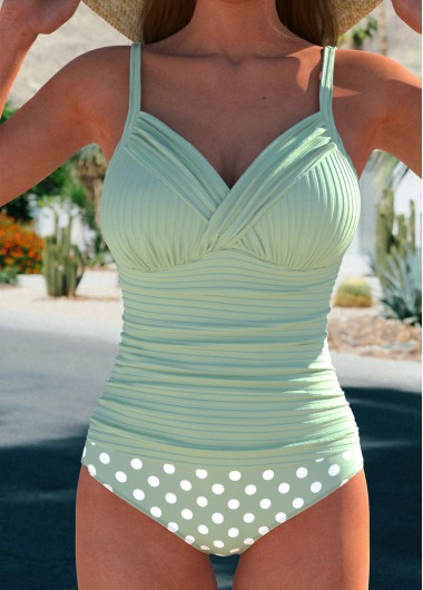 ROTITA Ruched Sage Green Polka Dot Tankini Set