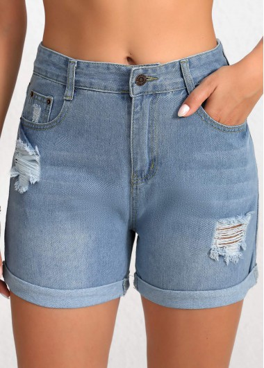 Button Denim Blue Regular High Waisted Shorts