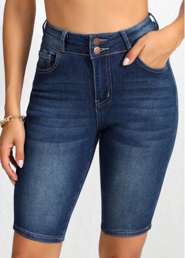 Button Skinny High Waisted Denim Blue Shorts