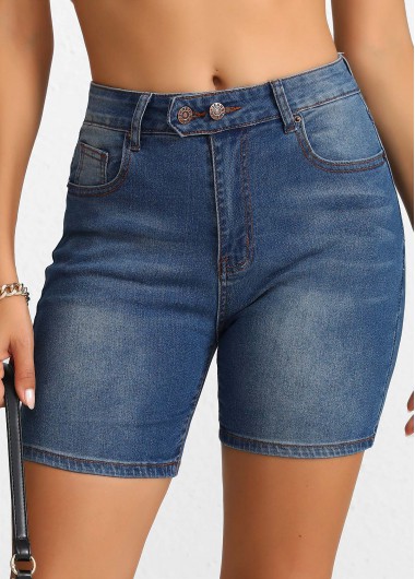 Button Denim Blue Skinny High Waisted Shorts