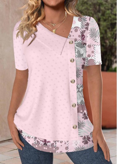 ROTITA Patchwork Pink Asymmetrical Neck Short Sleeve Blouse