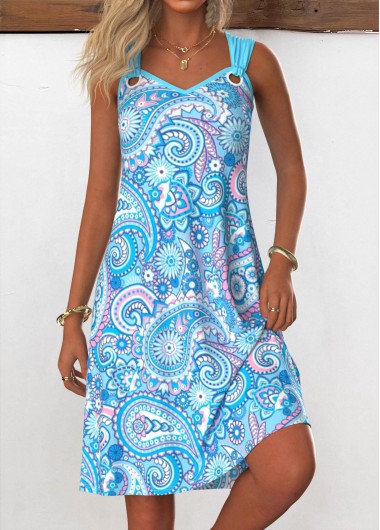 ROTITA Eyelet Tribal Print Light Blue A Line Sleeveless Dress