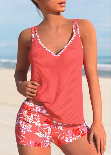 ROTITA Contrast Binding Coral Floral Print Tankini Set