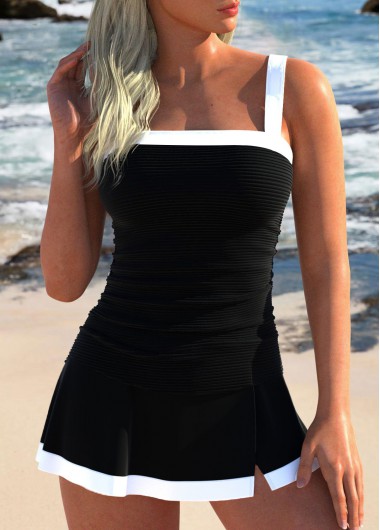 ROTITA Contrast Binding Black Patchwork Tankini Set