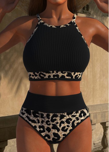 ROTITA Patchwork High Waisted Black Leopard Bikini Set