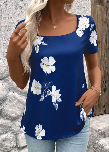 ROTITA Floral Print Dark Blue Square Neck T Shirt