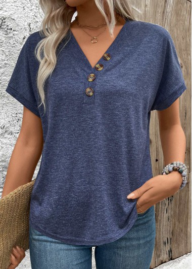 ROTITA Button Navy V Neck Short Sleeve Shirt