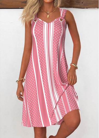 ROTITA Breathable Striped Pink A Line V Neck Sleeveless Dress
