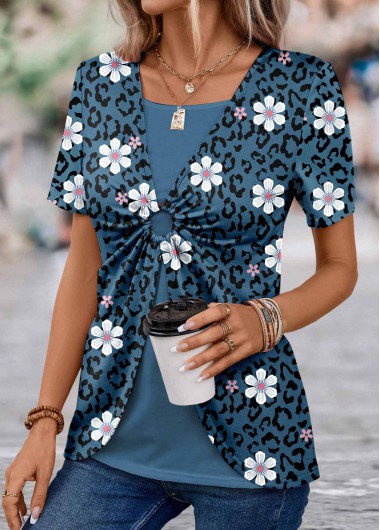ROTITA Floral Print Peacock Blue T Shirt