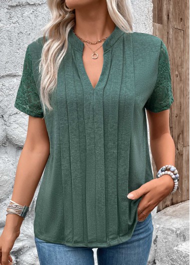 ROTITA Pleated Green Split Neck Short Sleeve T Shirt