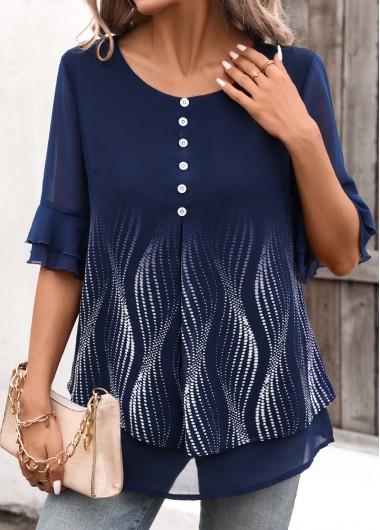 ROTITA Layered Navy Round Neck Half Sleeve Shirt