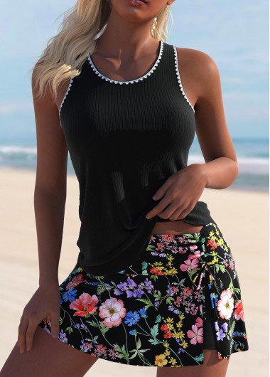 ROTITA Cut Out Black Ditsy Floral Print Tankini Set