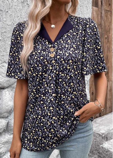 ROTITA Button Ditsy Floral Print Navy Short Sleeve T Shirt