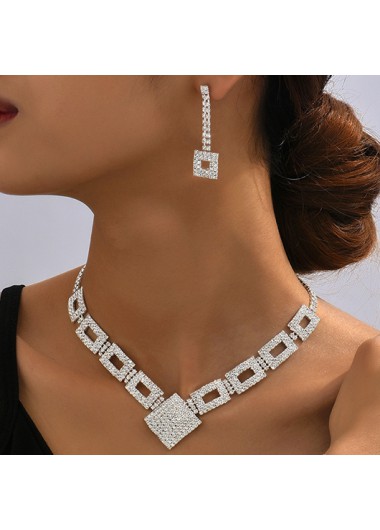 Square Silvery White Geometric Rhinestone Earrings