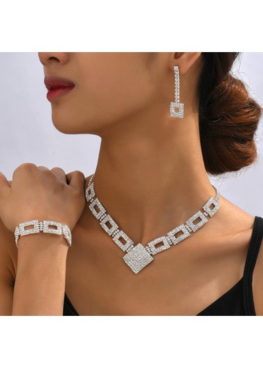 Rhinestone Silvery White Copper Necklace and Bracelet Set