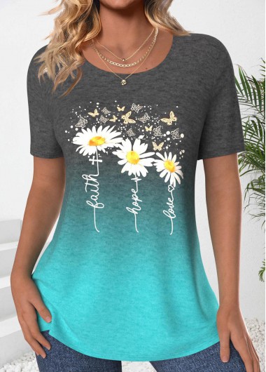 ROTITA Floral Print Mint Green Round Neck T Shirt