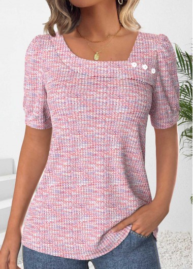 ROTITA Button Pink Asymmetrical Neck Short Sleeve T Shirt
