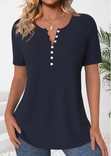 ROTITA Button Navy Round Neck Short Sleeve T Shirt