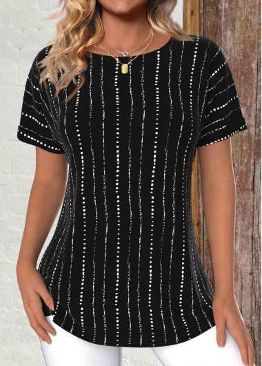 ROTITA Lightweight Striped Black Round Neck Short Sleeve T Shirt