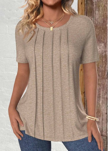 ROTITA Tuck Stitch Light Coffee Round Neck T Shirt