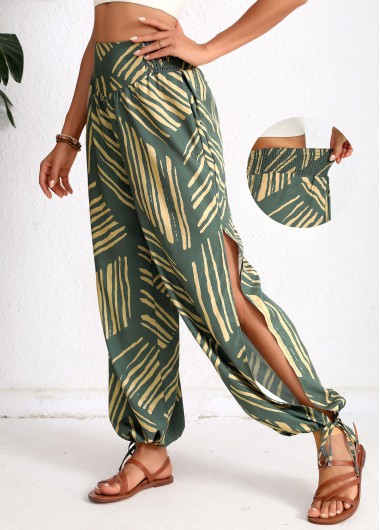 Smocked Geometric Print Green Jogger Elastic Waist Pants