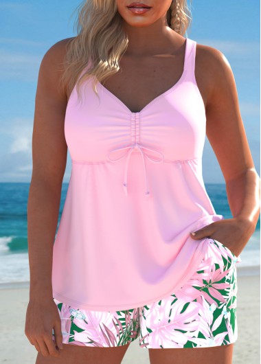 ROTITA Drawstring Light Pink Tropical Plants Print Tankini Set